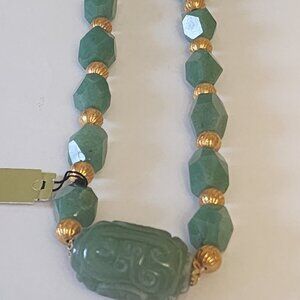 Green Aventurine or Jadeite ? Semi-p Carved Faceted Asian inspired Necklace